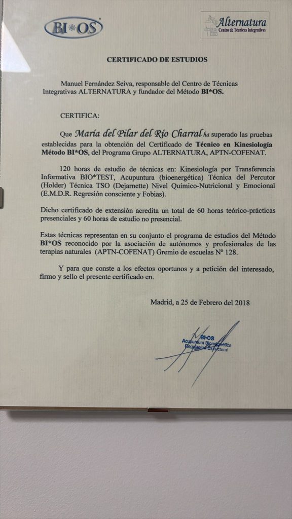 Certificado Técnica en Kinesiología método BIOS